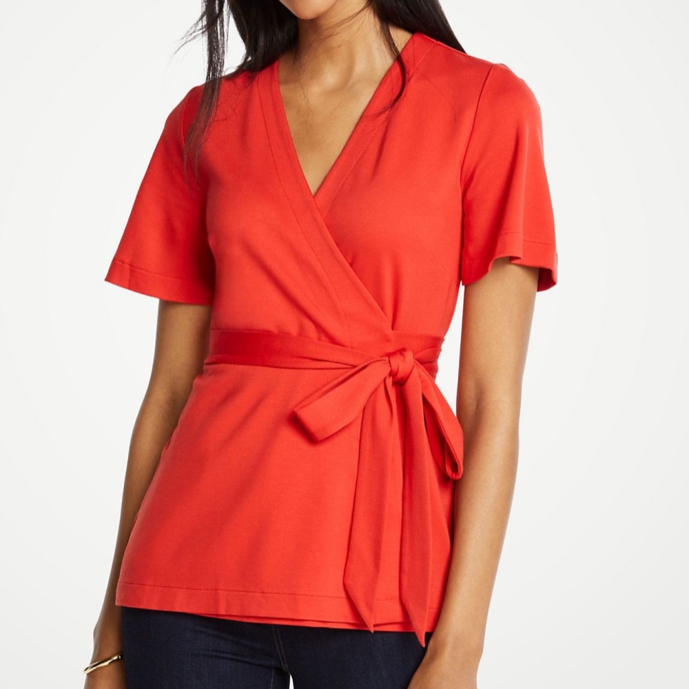 Red belted wrap top by Ann Taylor
